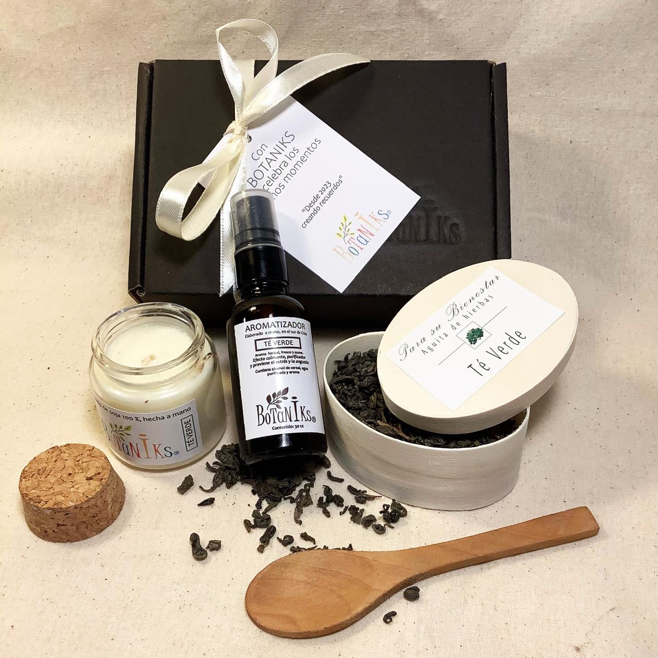 Ritual aromas: incluye mini vela 50 g + mini aromatizador 30 cc + infusión té verde